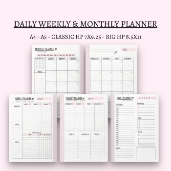 Daily Weekly Monthly Planner Printable: A4, A5, HP (PDF File)