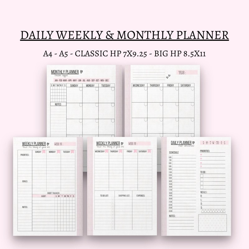 Daily Weekly Monthly Planner Printable: A4, A5, HP (PDF File)